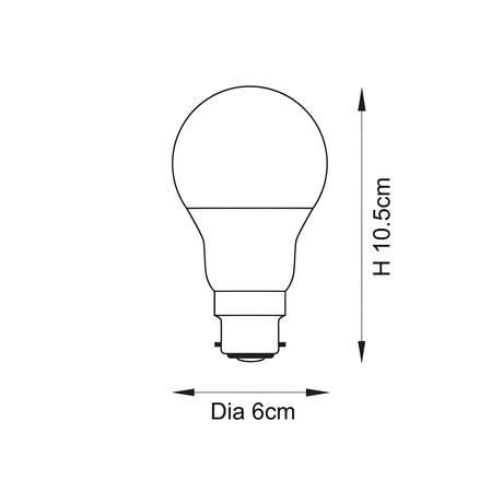 Line drawing of the Endon 8W B22 LED GLS bulb with bayonet cap, showing dimensions of 10.5cm height and 6cm diameter on a white background.