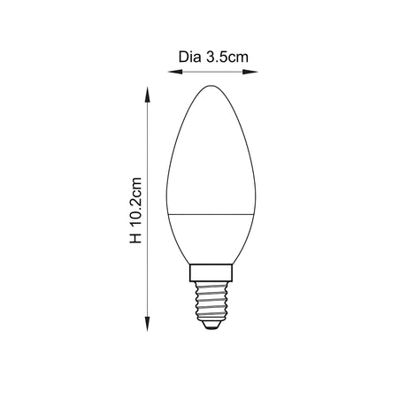 Endon 4.9W E14 LED candle bulb dimension diagram showing 3.5cm diameter and 10.2cm height with tapered opal shape and screw cap.