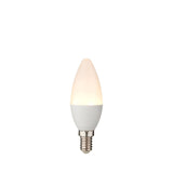 Endon 4.9W E14 LED candle bulb with a tapered opal white shape and silver screw cap, shown on a plain white background.