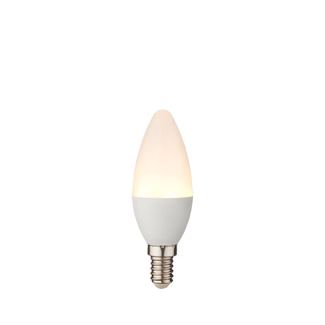 Endon 4.9W E14 LED candle bulb with a tapered opal white shape and silver screw cap, shown on a plain white background.