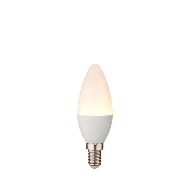 Endon 4.9W E14 LED candle bulb with a tapered opal white shape and silver screw cap, shown on a plain white background.