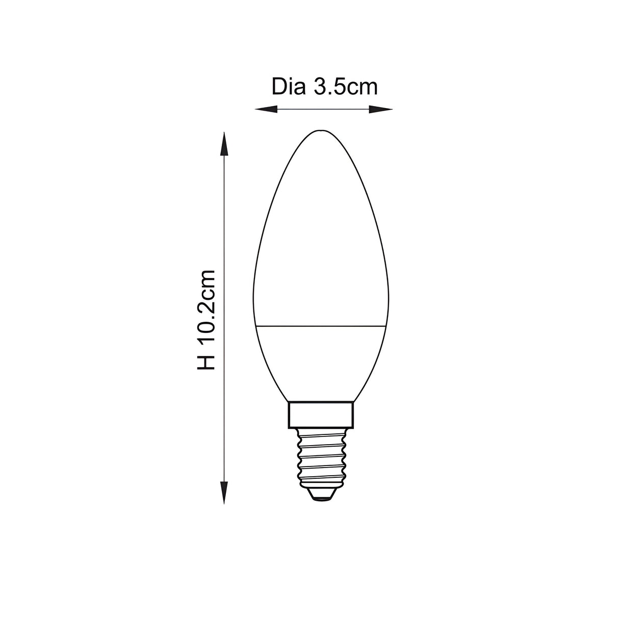 Technical line drawing of the Endon 4.9W E14 LED candle bulb showing a 3.5cm diameter and 10.2cm height with tapered tip and screw cap.