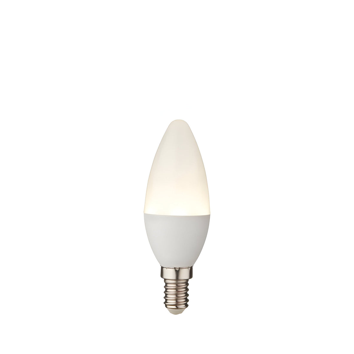 Endon 4.9W E14 LED candle bulb with tapered opal white polycarbonate cover and silver screw cap, shown on a plain white background.