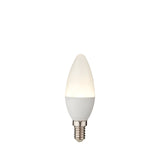 Endon 4.9W E14 LED candle bulb with tapered opal white polycarbonate cover and silver screw cap, shown on a plain white background.