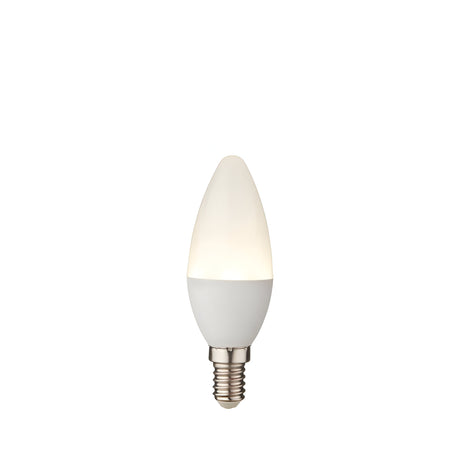 Endon 4.9W E14 LED candle bulb with tapered opal white polycarbonate cover and silver screw cap, shown on a plain white background.