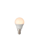 Endon 4.9W E14 LED golf bulb with opal white finish and small Edison screw cap, illuminated warm white on a plain background.