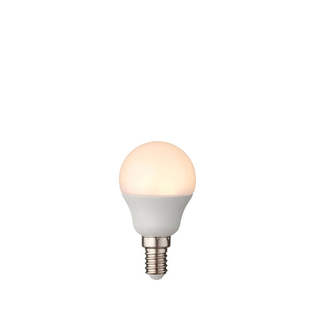 Endon 4.9W E14 LED golf bulb with opal white finish and small Edison screw cap, illuminated warm white on a plain background.