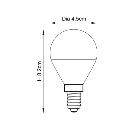 Dimensioned line drawing of the Endon 4.9W E14 LED golf bulb showing a 4.5cm diameter round head and 8.2cm height with small screw cap.