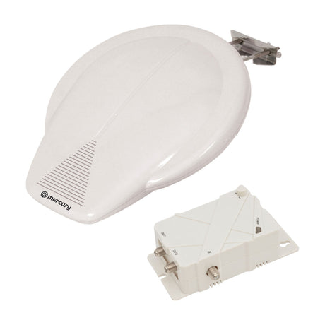Mercury OT20A white amplified outdoor TV aerial for caravans with mounting bracket and F-type signal amplifier power unit on a white background.