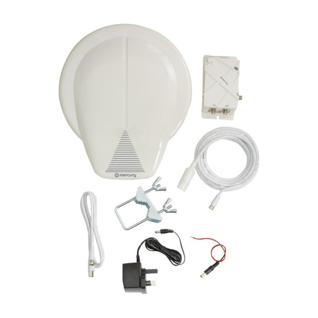 Mercury OT20A amplified outdoor TV aerial kit with white dome antenna, two-way splitter, coaxial cable, pole clamp, and 12V power supply on white.