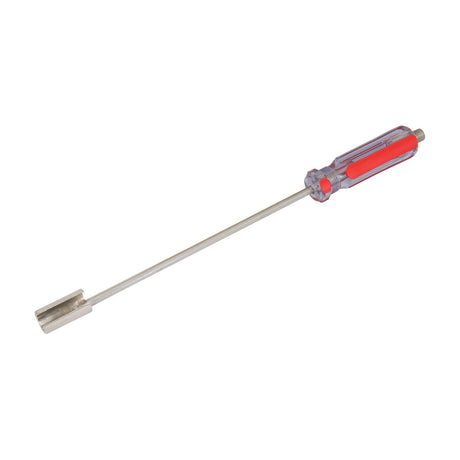 Mercury C2001 heavy duty F-connector spanner tool with clear and red plastic handle and long metal shaft ending in a socket head, on a white background.