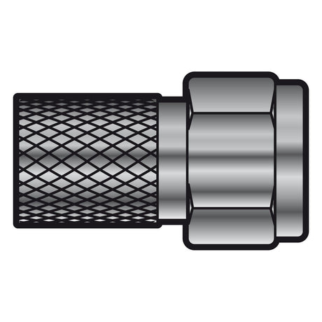 An illustration showcasing the AV:Link F Plug Twist On CAI Cable - Bulk, featuring a premium connector with a metallic hose fitting displaying a textured, mesh-like pattern on the left and a sleek black nickel F connector on the right, all presented in shades of gray against a simple white background.