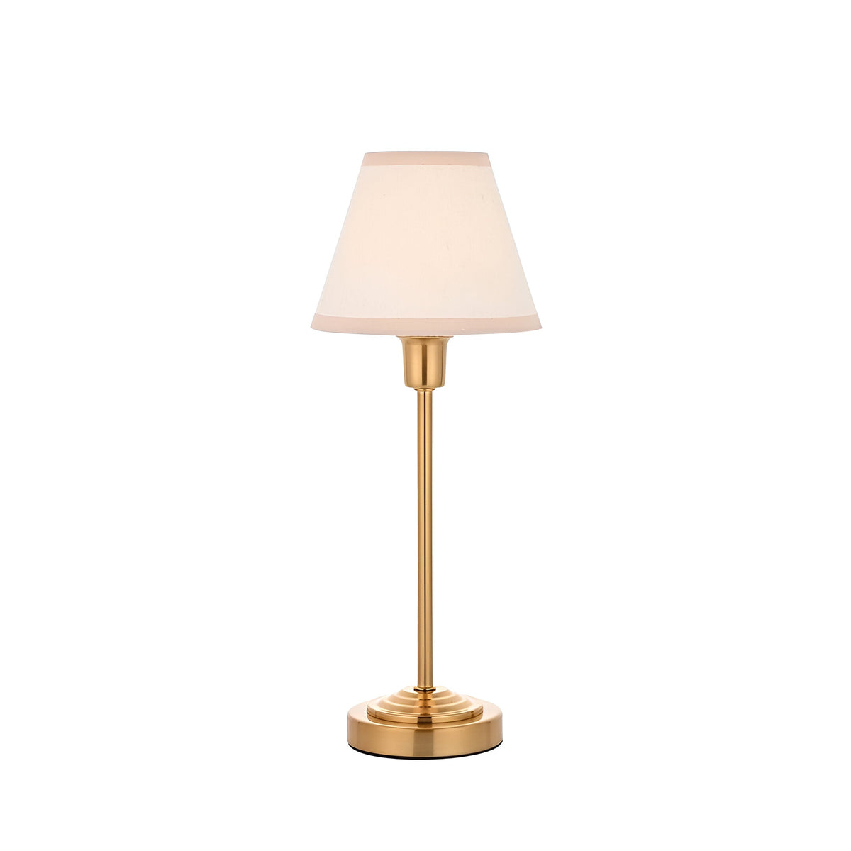 Cliffbourne Ivy Table Lamp with brass stepped base and tapered white cotton-mix shade, single E14 fitting, shown on a plain white background.