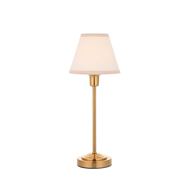 Cliffbourne Ivy Table Lamp with brass stepped base and tapered white cotton-mix shade, single E14 fitting, shown on a plain white background.