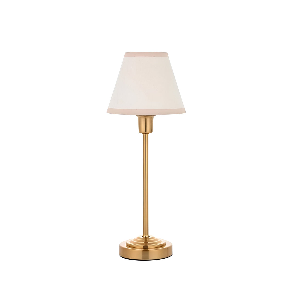 Cliffbourne Ivy Table Lamp with stepped brass metal base and tapered white cotton-mix fabric shade, shown on a plain white background.