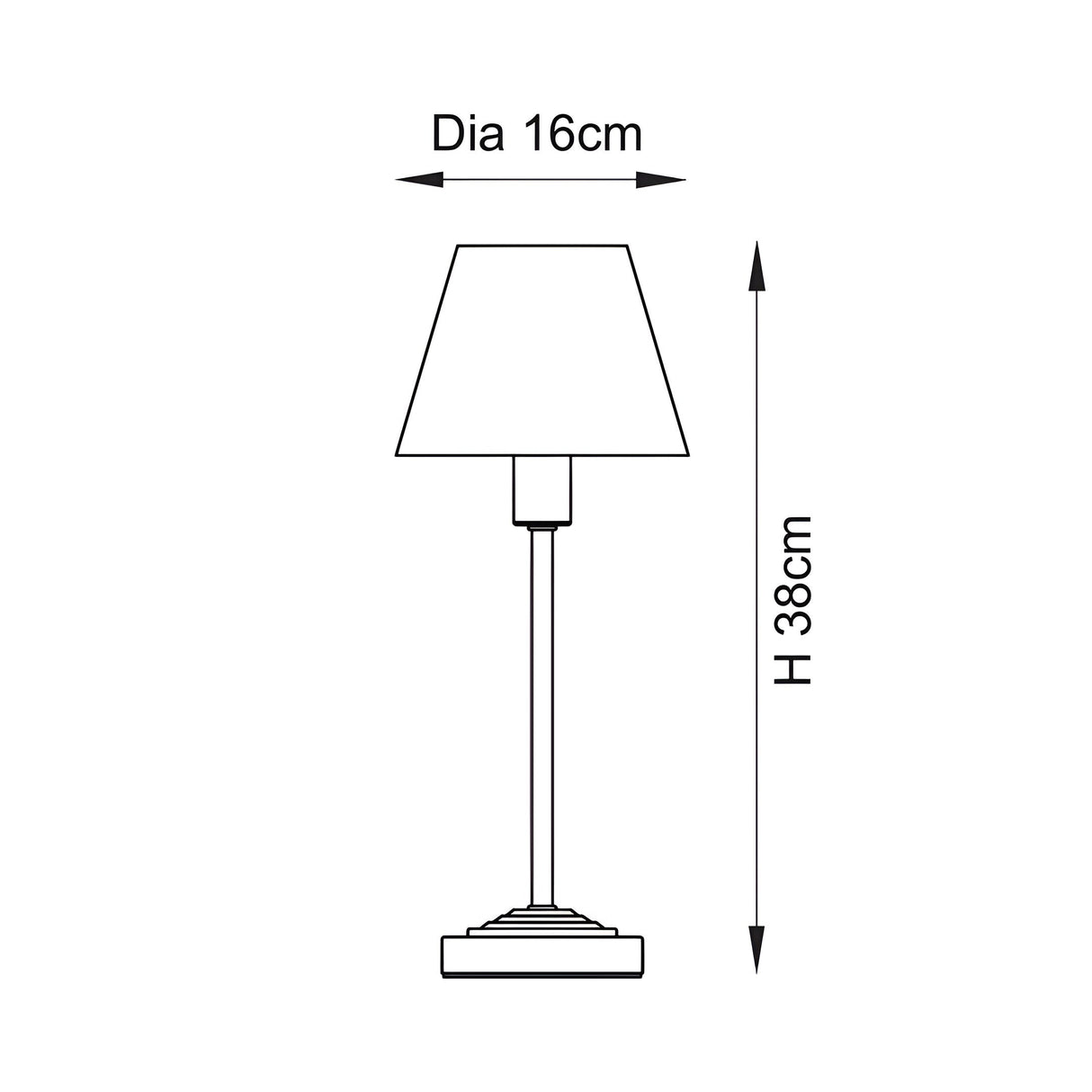 Endon Cliffbourne Ivy table lamp dimension diagram showing 38cm height and 16cm shade diameter on a plain white background.