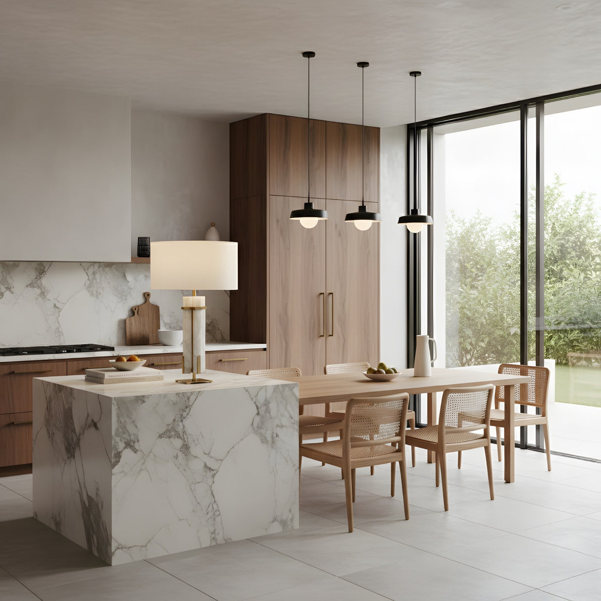 A modern kitchen with marble island, wood cabinets, and large windows is softly illuminated by the Pilaster 1 Light Column Alabaster Table Lamp – Brass & Soft White, with views of greenery outside. Wicker chairs and pendant lights complete the inviting space.