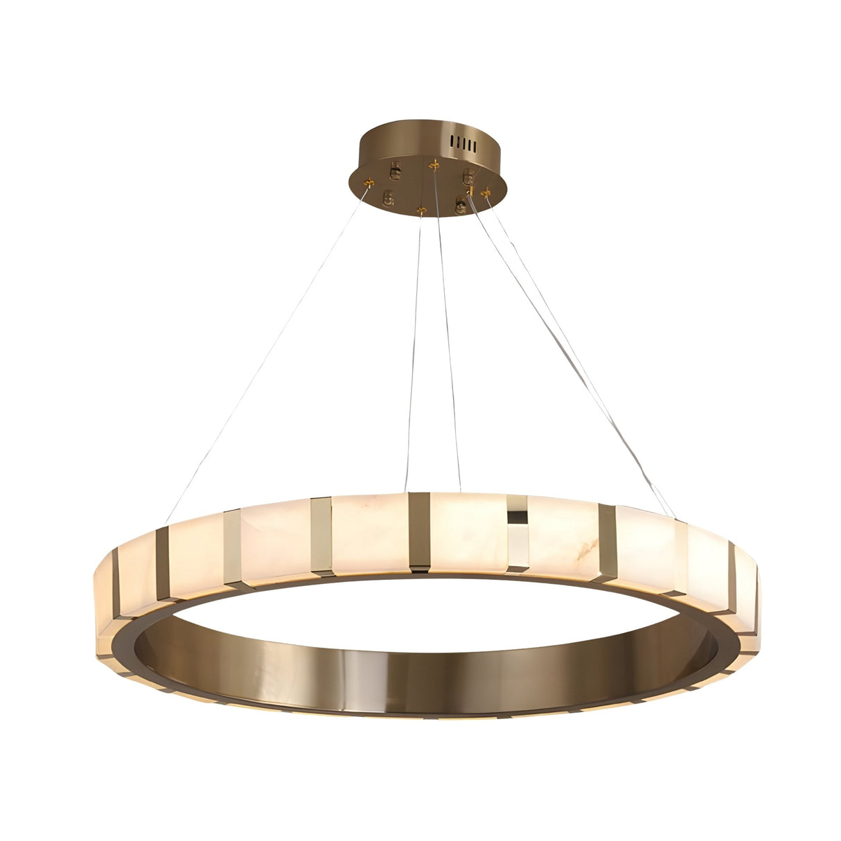 The Strata LED Extra Large Alabaster Chandelier in Soft White & Copper features a modern circular design with a geometric segmented ring, suspended by four slender wires—an elegant centerpiece for contemporary spaces.