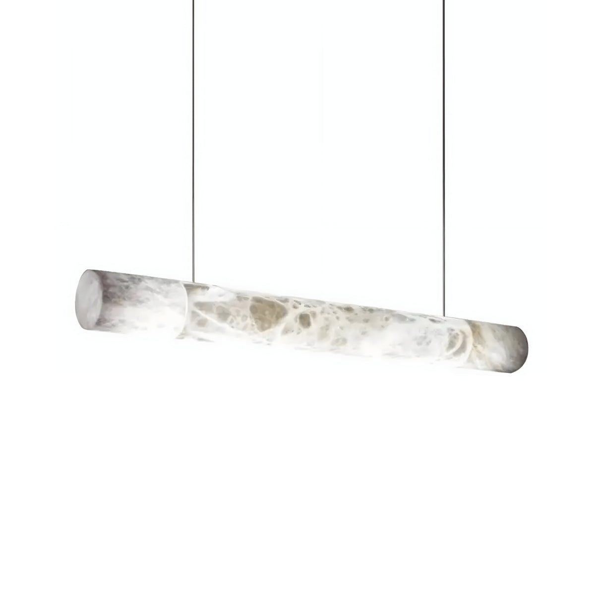 The Zareon LED Medium Linear Alabaster Suspension Light – Soft White features a cylindrical white alabaster shade with subtle gray veining, suspended by two thin black wires for a modern touch in any space.