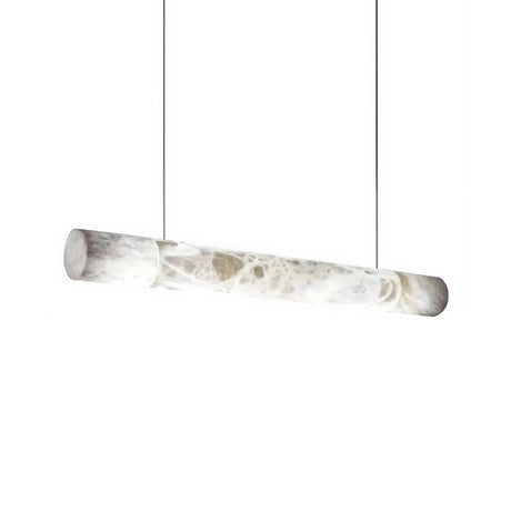 The Zareon LED Medium Linear Alabaster Suspension Light – Soft White features a cylindrical white alabaster shade with subtle gray veining, suspended by two thin black wires for a modern touch in any space.