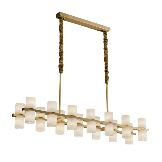The Valenro 32 Light Cylindrical Alabaster Linear Suspension Light in Soft White & Brass features two rows of alabaster shades on a brass frame, suspended from the ceiling by dual gold rods wrapped in textured fabric.