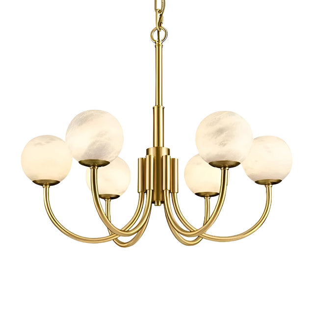 The Aurelio 6 Light Large Globe Alabaster Chandelier features a brushed brass frame with six curved arms, each holding a soft white alabaster globe, suspended from a matching chain for a modern look.