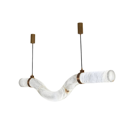 The Zareon LED Medium Curved Alabaster Suspension Light – Soft White features a wave-like frosted glass tube with a curved alabaster pendant, suspended by black cords from brass ceiling mounts for a modern sculptural look.