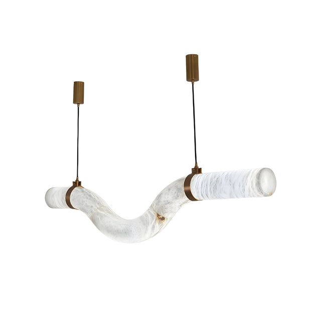 The Zareon LED Medium Curved Alabaster Suspension Light – Soft White features a wave-like frosted glass tube with a curved alabaster pendant, suspended by black cords from brass ceiling mounts for a modern sculptural look.