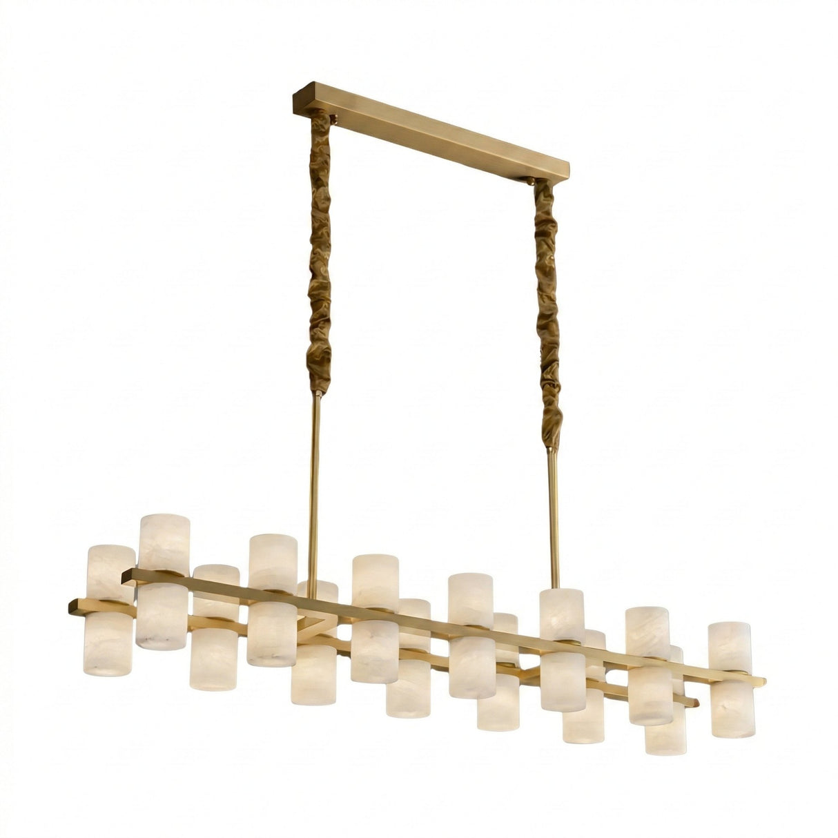 Niori Valenro 32 light linear chandelier with two rows of cylindrical alabaster shades on a brass bar, suspended by twin textured rods on a white background.