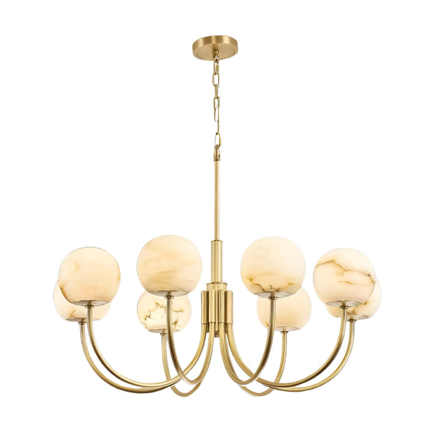 The Aurelio 8 Light Large Globe Alabaster Chandelier features a brushed brass frame with eight curved arms, each supporting a round, soft white alabaster globe, suspended elegantly from the ceiling.