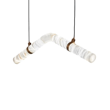 The Zareon LED Medium Articulated Alabaster Suspension Light – Soft White features a V-shaped translucent tube with brown leather straps, suspended from black cords, offering a marbled white and beige look, perfect for modern spaces.