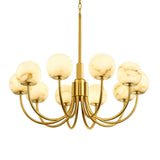 The Aurelio 10 Light Large Globe Alabaster Chandelier features a brushed brass frame and ten curved arms, each supporting a softly marbled white alabaster globe shade, elegantly suspended for a modern look.
