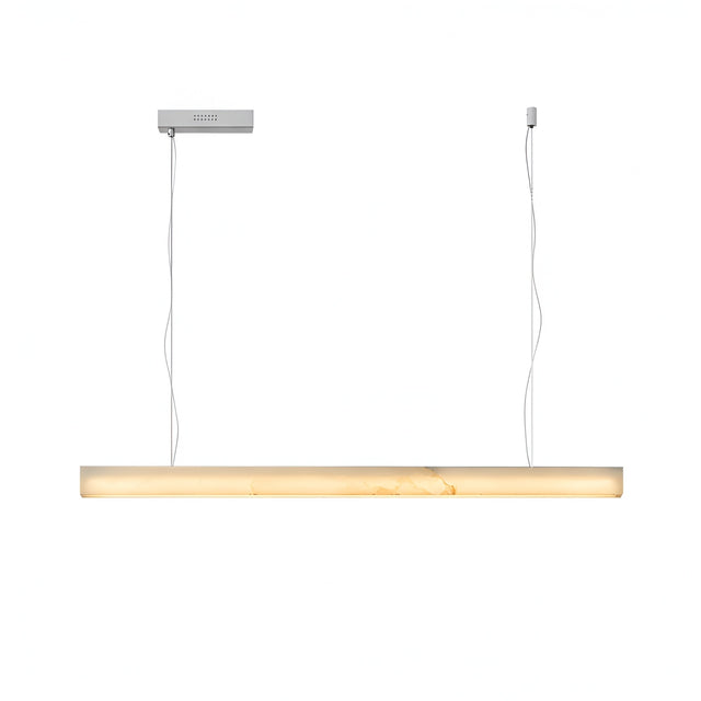 The Alba Large Alabaster Linear Suspension Light - Soft White features a modern, minimalist design with a long frosted glass shade suspended by two thin wires—ideal for kitchen island lighting against a white background.