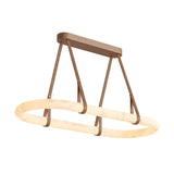 The Cintura LED Medium Alabaster Floating Suspension Light in Soft White features a sculptural horizontal design with a rectangular bronze mount and four angled supports, showcasing an elegant oval, marble-like LED light that seems to float in any space.