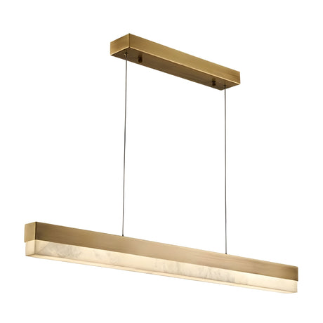 The Linea LED Large Alabaster Linear Suspension Light in Soft White & Brushed Brass hangs from two slim black wires and features a frosted bottom diffuser for even, elegant illumination.