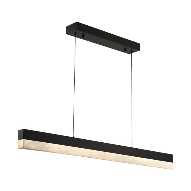 The Linea LED Large Alabaster Linear Suspension Light in soft white and black features a modern rectangular design with integrated LED illumination, suspended by thin cords—ideal for stylish kitchen island lighting.