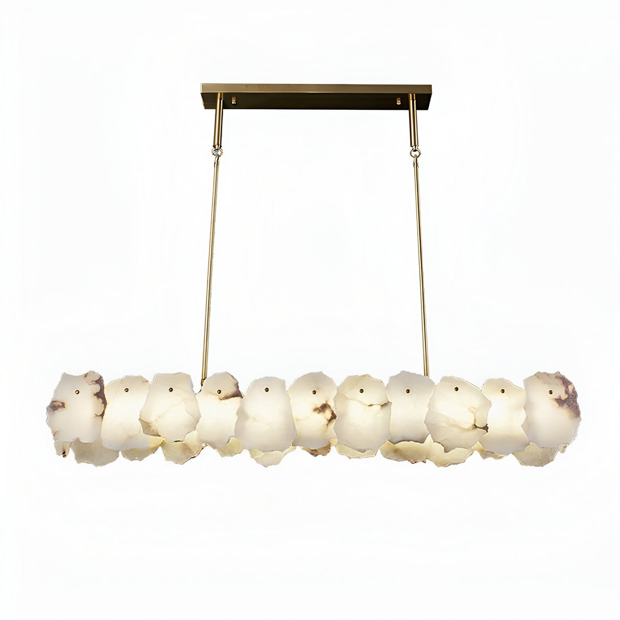 The Solvane LED Large Petal Alabaster Linear Suspension Light features irregularly shaped soft white glass shades suspended from a brass ceiling mount by two rods, creating a modern and elegant look.