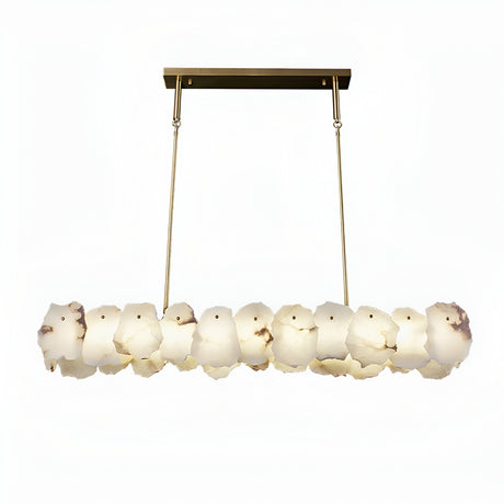 The Solvane LED Large Petal Alabaster Linear Suspension Light features irregularly shaped soft white glass shades suspended from a brass ceiling mount by two rods, creating a modern and elegant look.