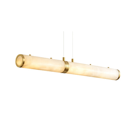 The Oria LED Large Linear Alabaster Suspension Light features a modern cylindrical design in soft white with brass accents, and is suspended from the ceiling by two thin wires for a sleek, elegant look.