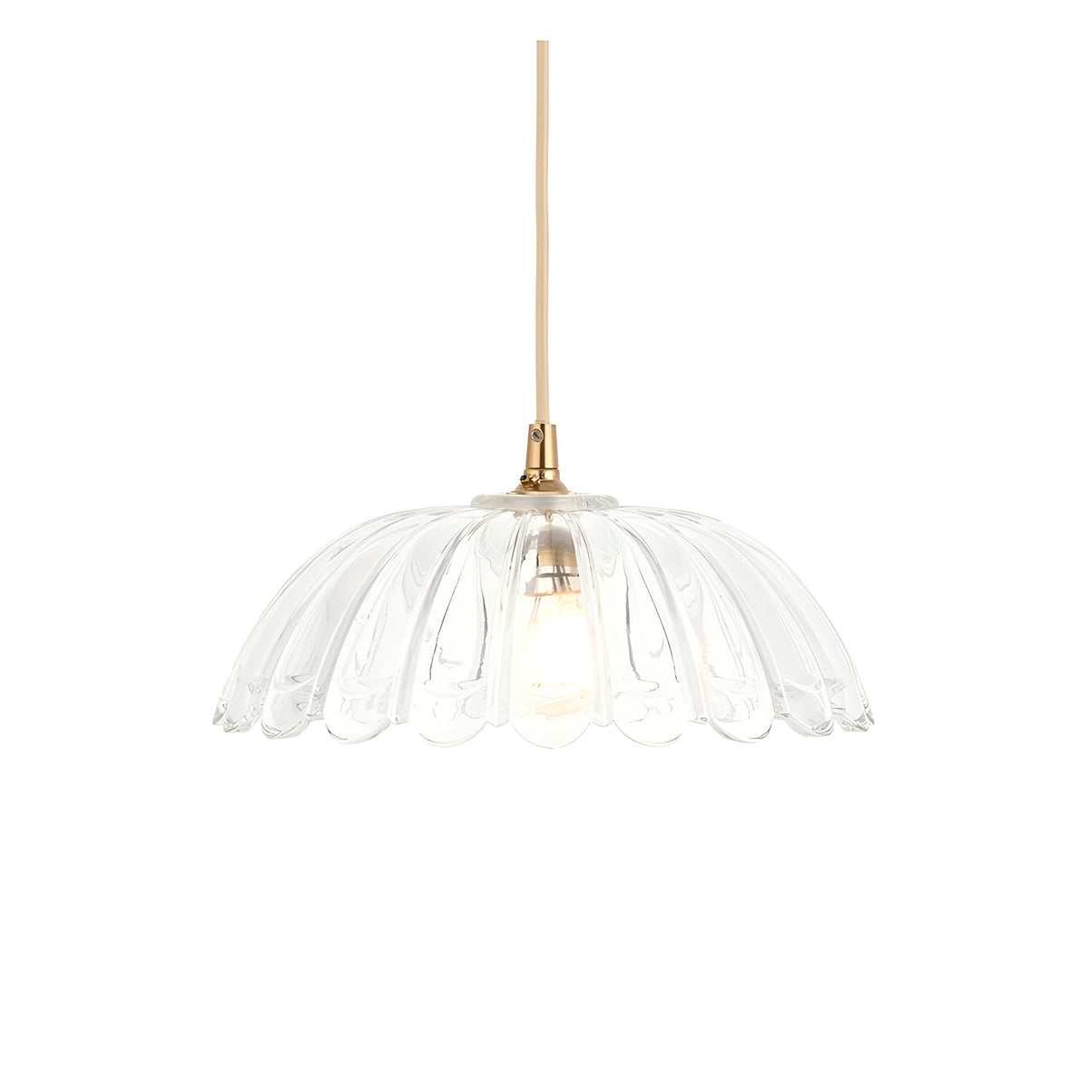 Endon Brackmont Carnation pendant light with a clear glass domed scalloped shade, brushed brass fitting and natural braided cable, on a white background.