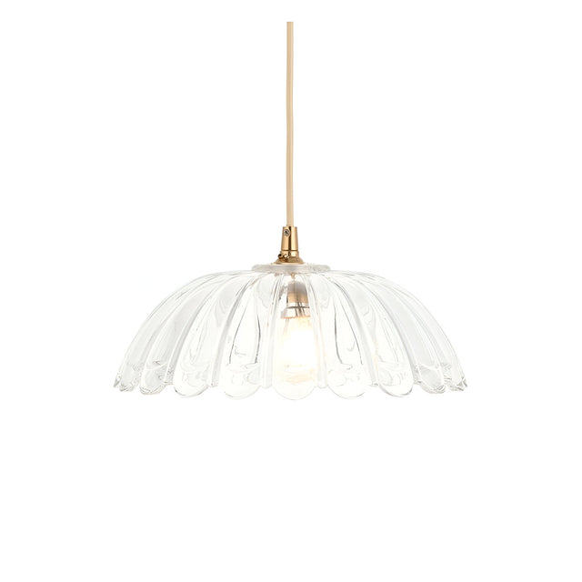 Endon Brackmont Carnation pendant light with a clear glass domed scalloped shade, brushed brass fitting and natural braided cable, on a white background.