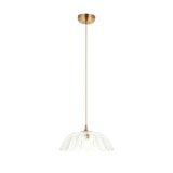 Endon Brackmont Carnation pendant light with a scalloped clear glass domed shade and brushed brass ceiling fitting on a natural cable.