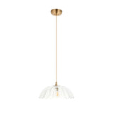 Endon Brackmont Carnation pendant light with a clear scalloped glass domed shade and brushed brass fitting on a natural braided cable, shown on white.
