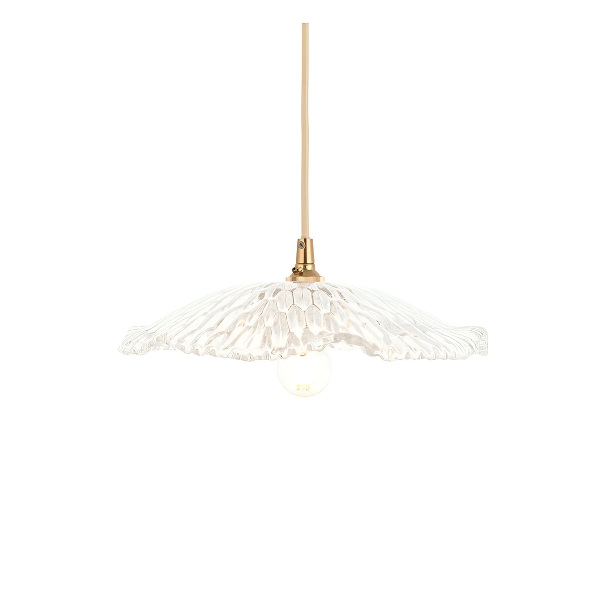 Brackmont Orchid Pendant in brass, with a rippled clear glass shade and natural braided cable, shown against a plain white background.