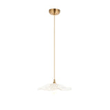 Brackmont Orchid Pendant in brass, single-light fixture with a ridged clear glass shell-shaped shade on a natural braided cable.