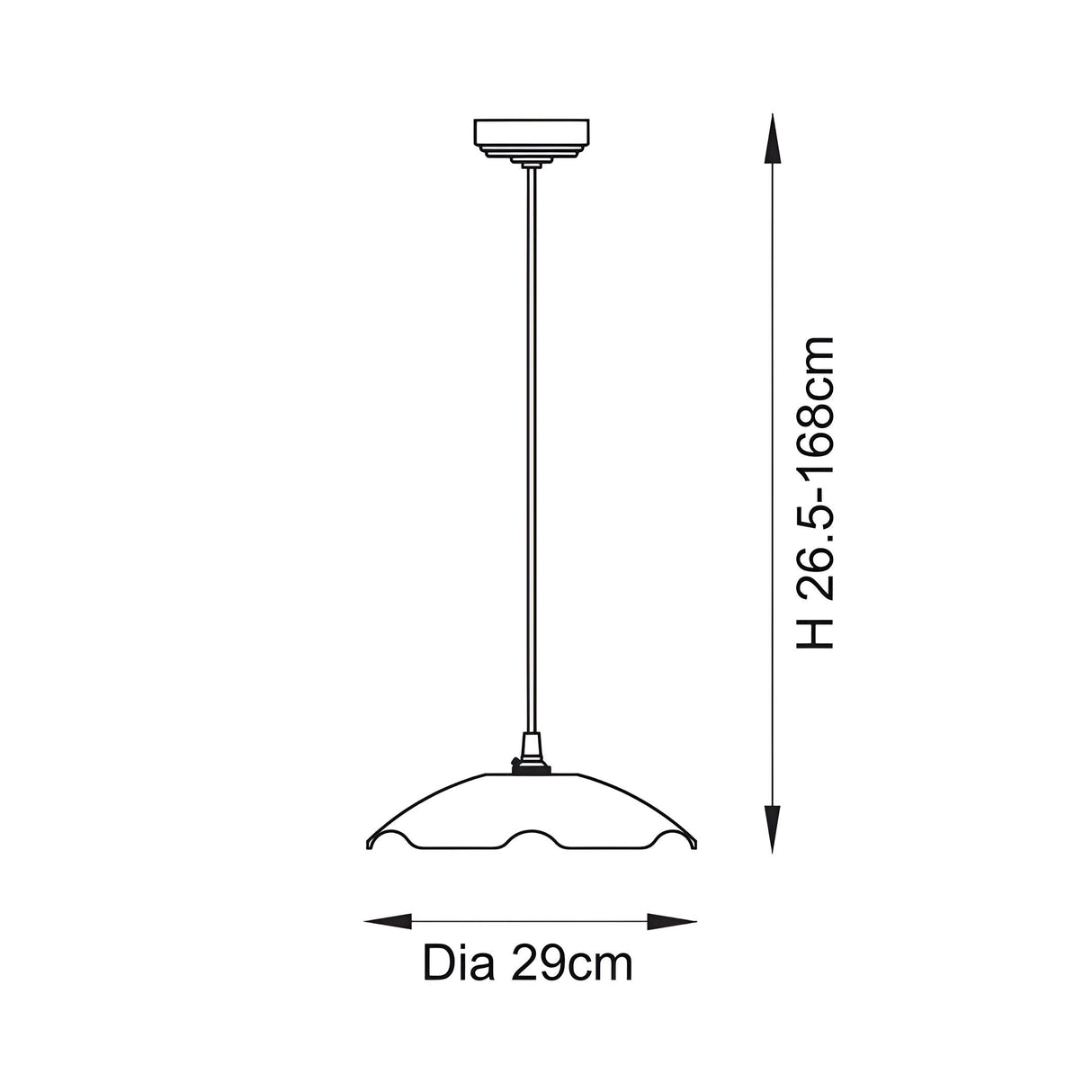 Line drawing of the Brackmont Orchid Pendant showing a rippled shell-shaped shade on an adjustable drop cable, with dimensions H 26.5-168cm and 29cm diameter.