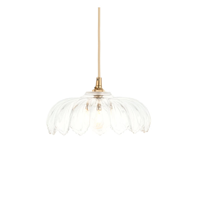 Brackmont Camellia Pendant with scalloped clear glass shade and brushed brass fitting on natural braided cable, shown on a white background.