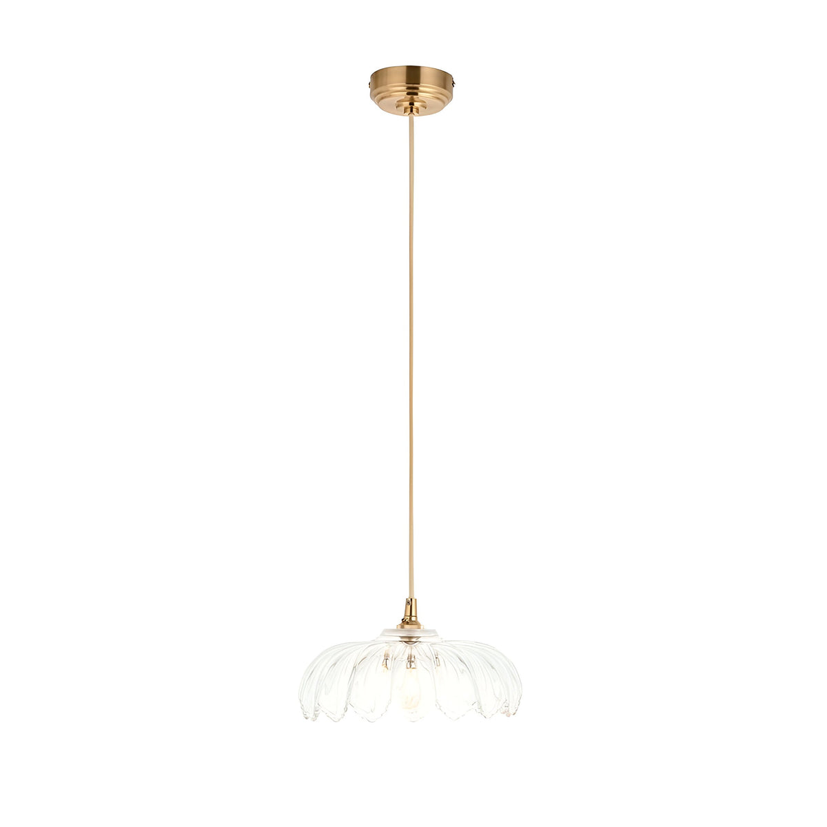 Brackmont Camellia pendant light with a scalloped clear glass shade and brushed brass fitting on a natural braided cable, shown on a plain white background.