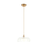 Brackmont Camellia pendant light with a scalloped clear glass shade and brushed brass fitting on a natural braided cable, shown on a plain white background.