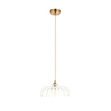 Brackmont Camellia Pendant in brass with a scalloped clear glass shade on a natural braided cable, shown on a plain white background.